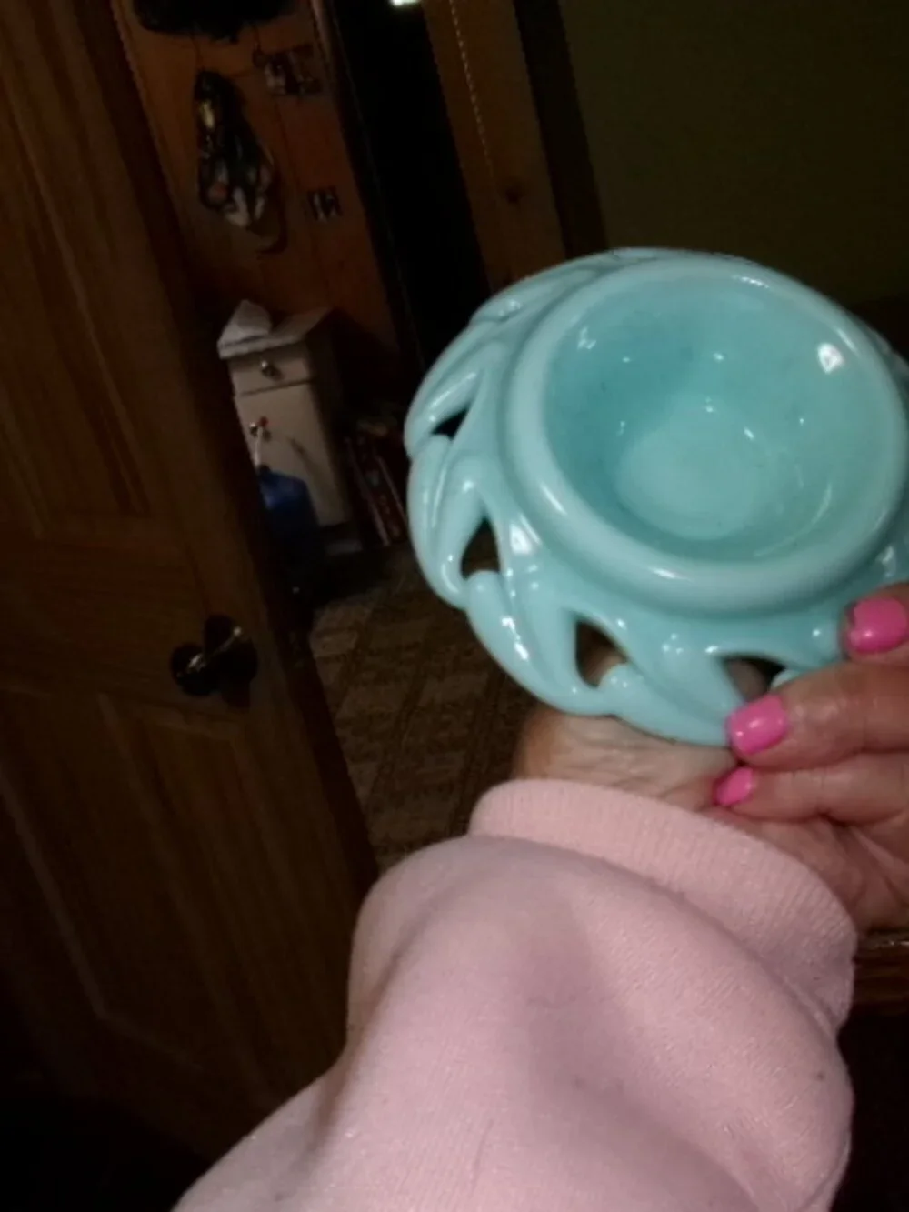 Fostoria Bestsy Ross Aqua blue milk glass pair of candleholders 1950s - Picture 4 of 5